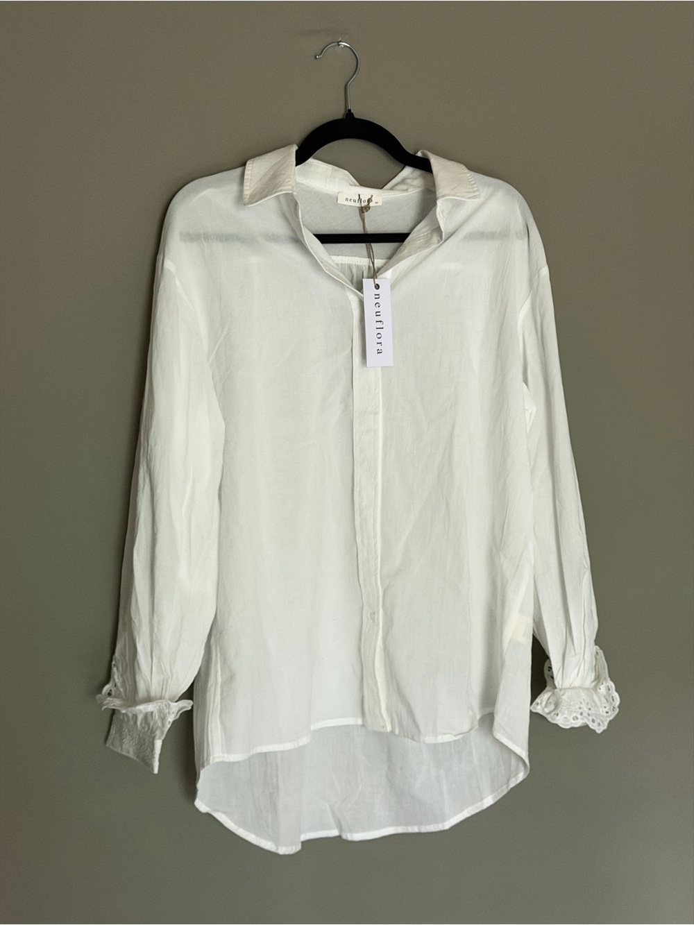 Neuflora Cotton White Lace-Cuff Button Front Blouse